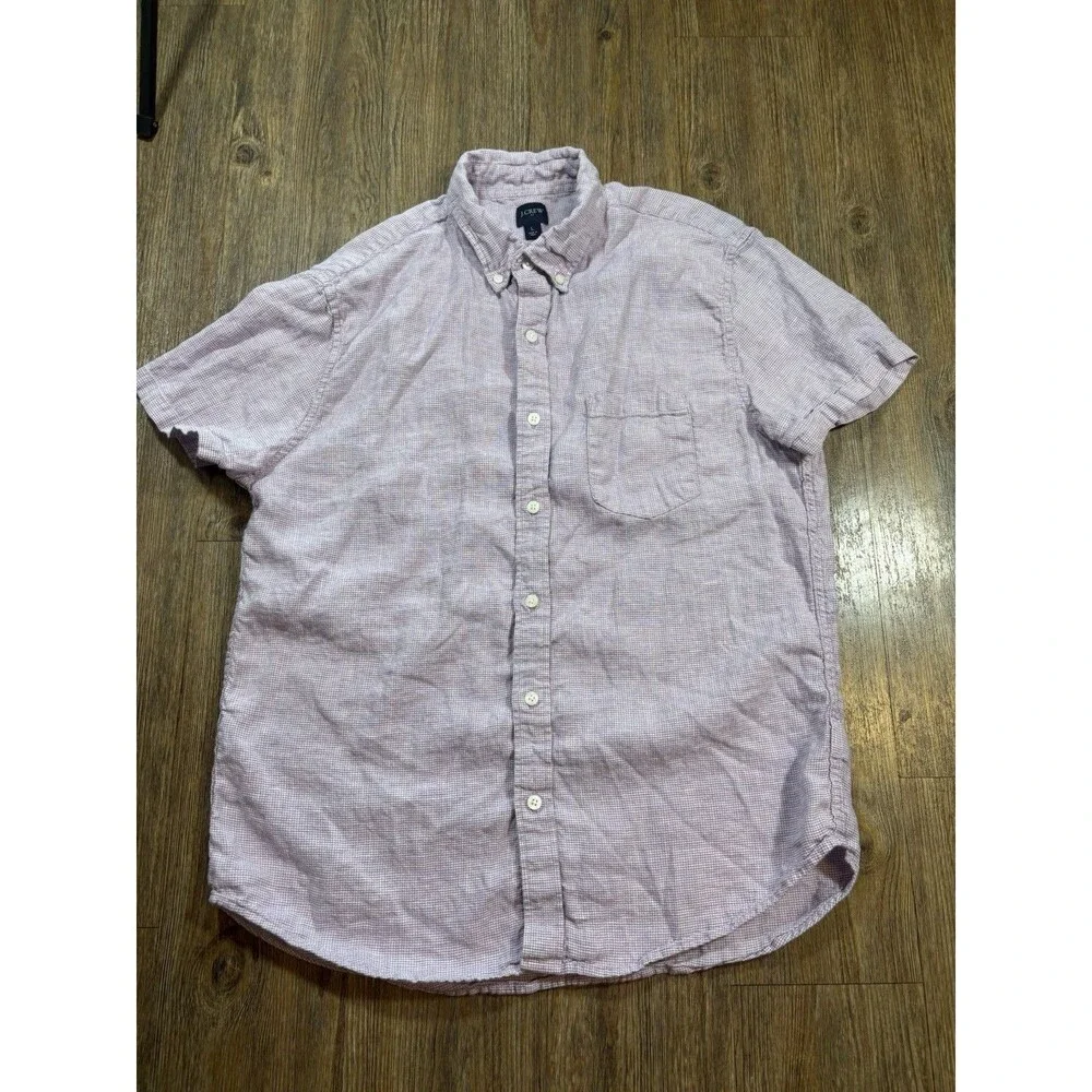 J. Crew Mens Purple White Houndstooth Linen Cotton Button Down Shirt Large